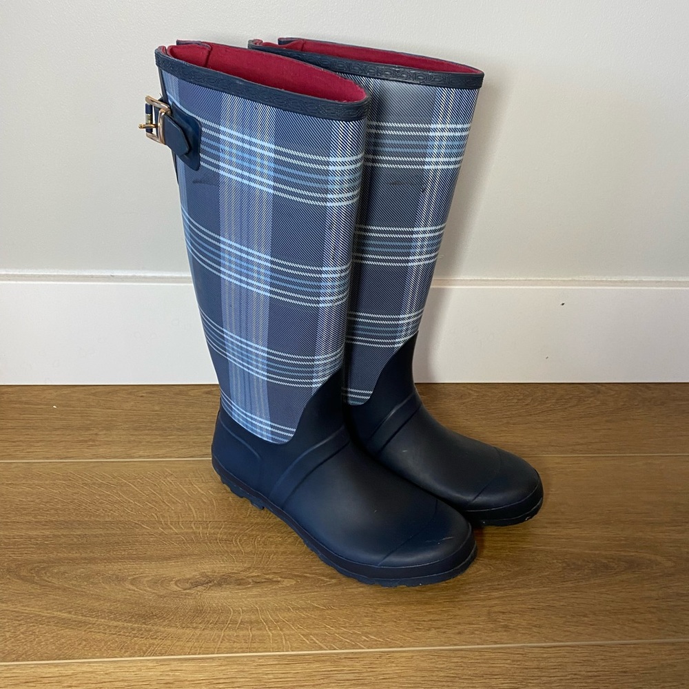 Tommy Hilfiger blue plaid rubber rain boots